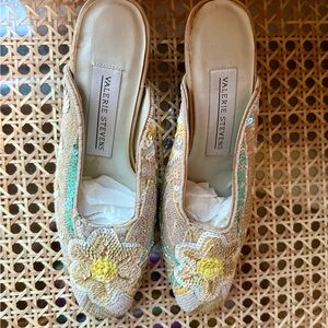 Vintage Y2K Valerie Stevens Sequin/Beaded Floral Garden Party Heels Mules 6.5M
